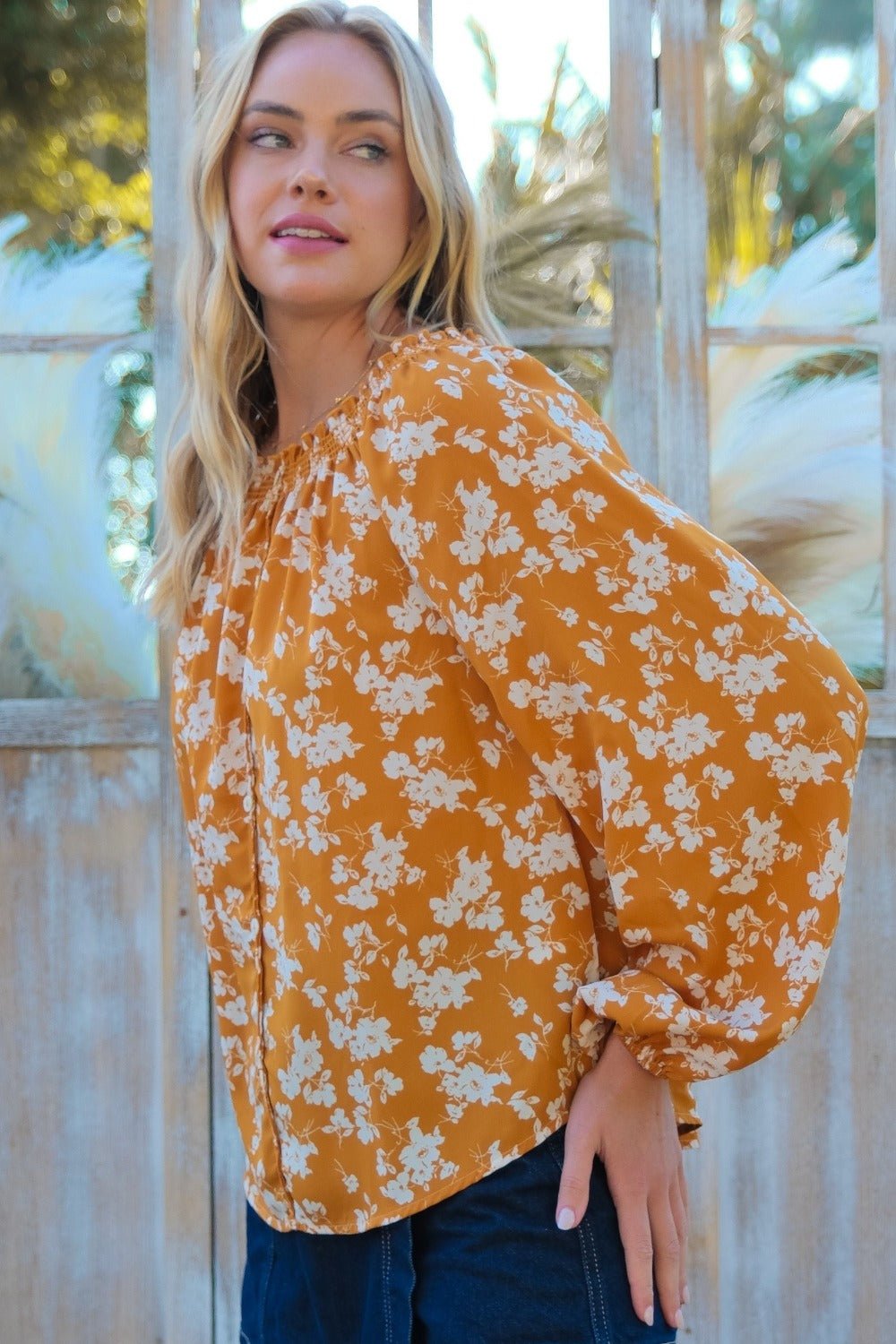 Hailey & Co Floral Off - Shoulder Balloon Sleeve Blouse - Top - Mustard - Bella Bourget