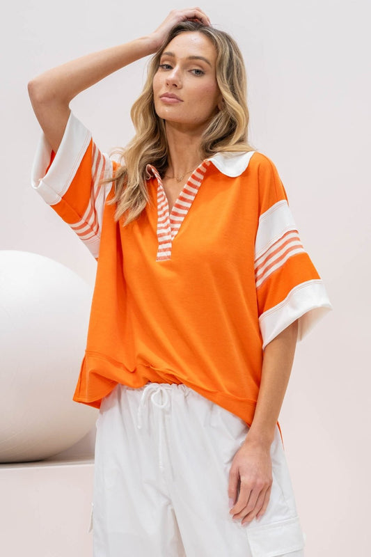 Hailey & Co Full Size Contrast Stripe Polo Shirt - Full Size Tops - Orange - Bella Bourget