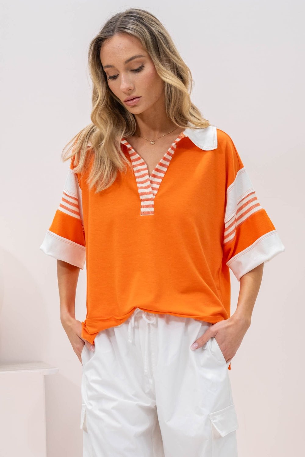 Hailey & Co Full Size Contrast Stripe Polo Shirt - Full Size Tops - Orange - Bella Bourget