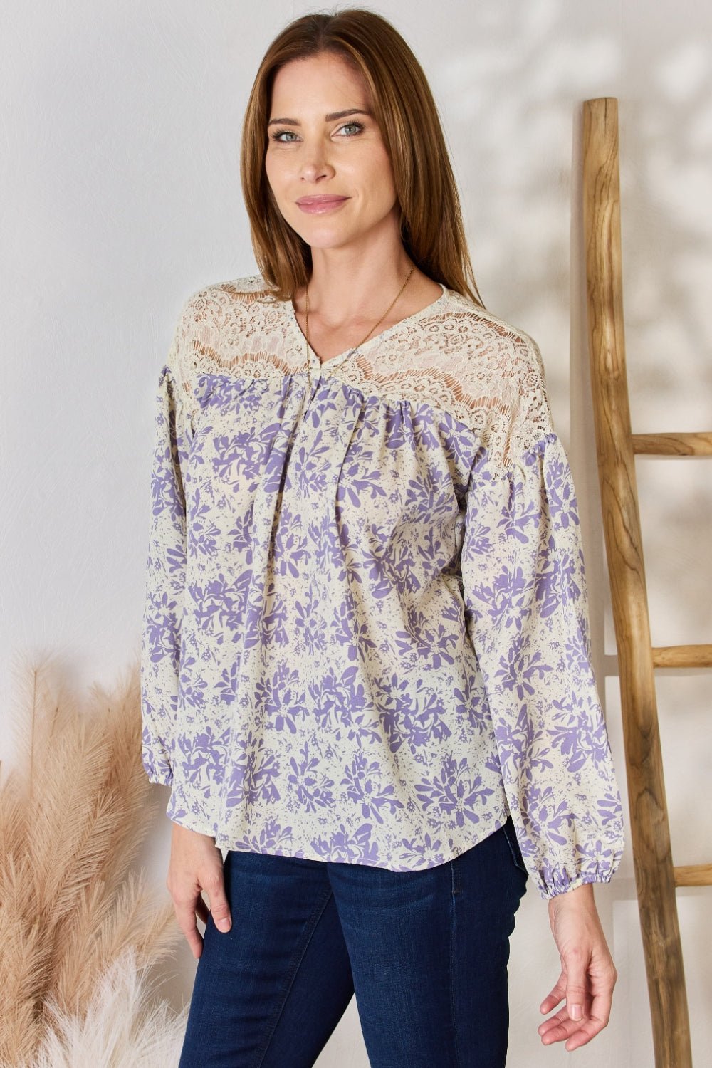 Hailey & Co Full Size Lace Detail Printed Blouse - Top - LILAC - Bella Bourget