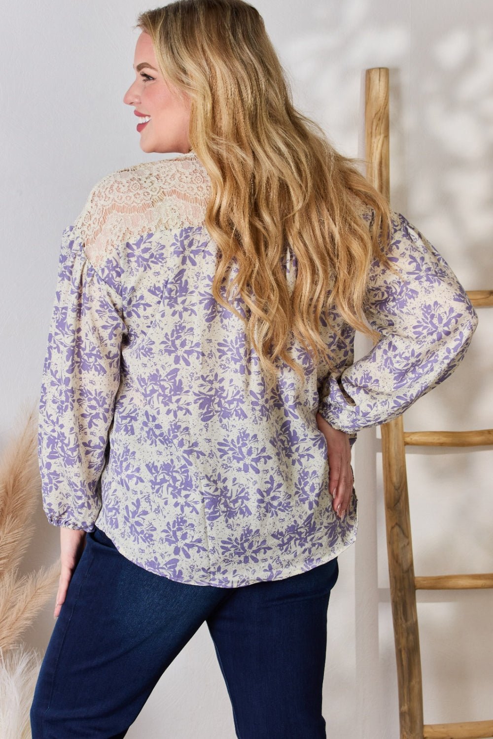 Hailey & Co Full Size Lace Detail Printed Blouse - Top - LILAC - Bella Bourget