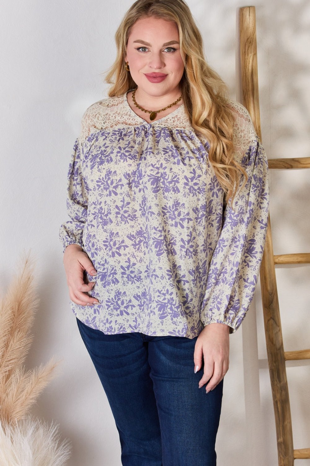 Hailey & Co Full Size Lace Detail Printed Blouse - Top - LILAC - Bella Bourget