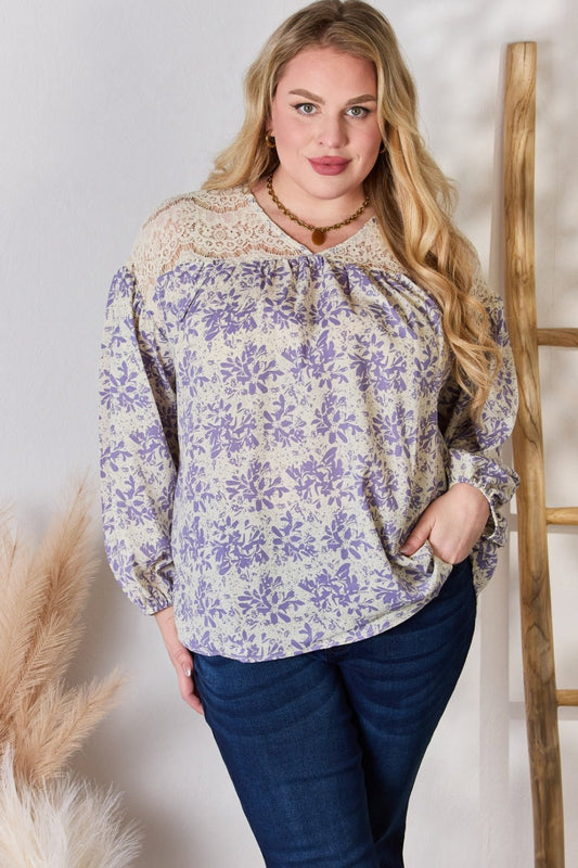 Hailey & Co Full Size Lace Detail Printed Blouse - Top - LILAC - Bella Bourget