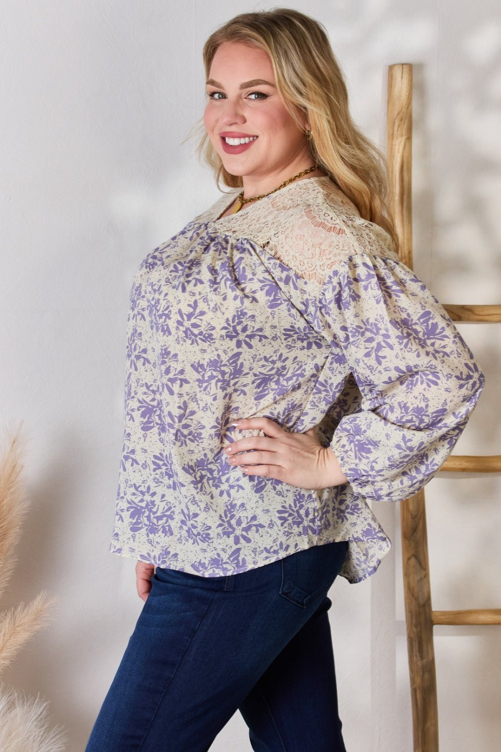 Hailey & Co Full Size Lace Detail Printed Blouse - Top - LILAC - Bella Bourget