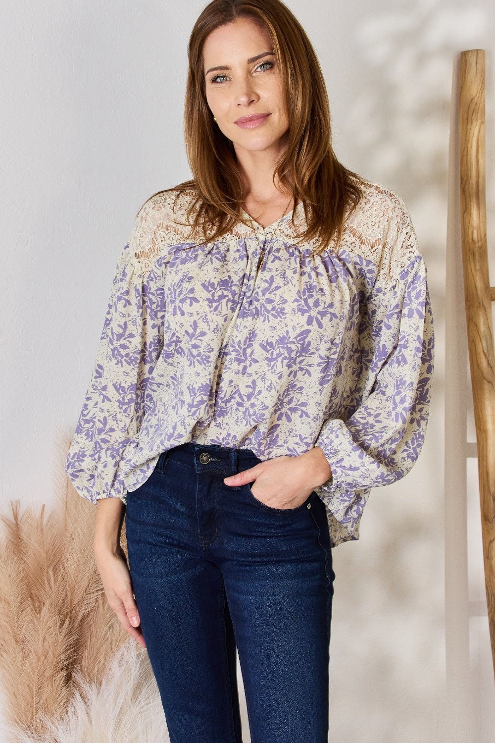 Hailey & Co Full Size Lace Detail Printed Blouse - Top - LILAC - Bella Bourget