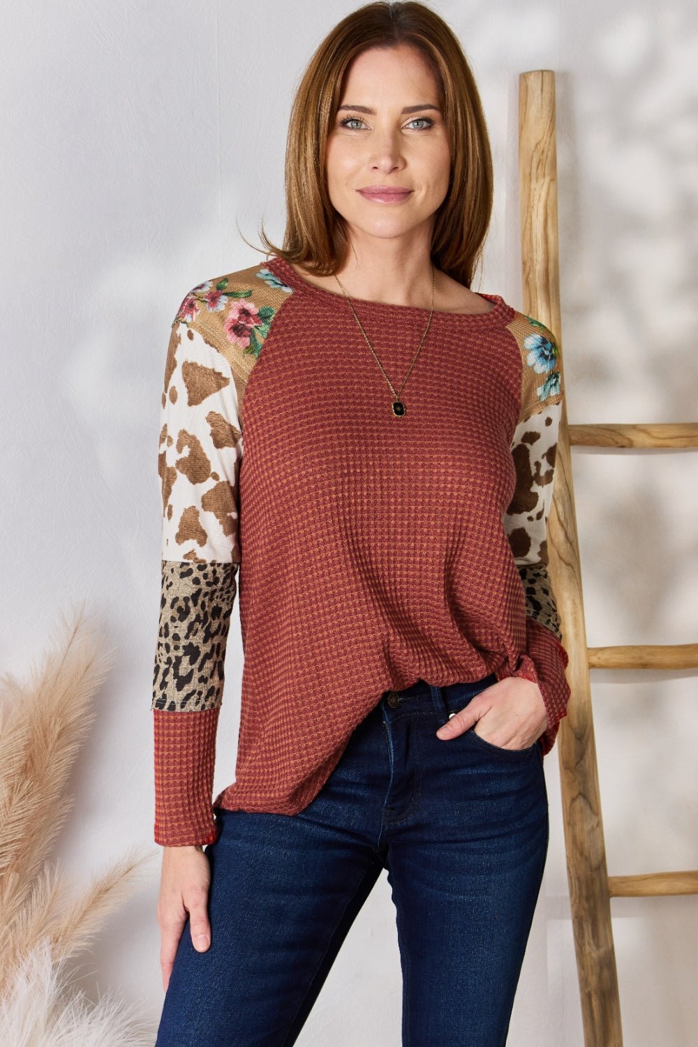 Hailey & Co Full Size Leopard Waffle - Knit Blouse - Top - RUST - Bella Bourget