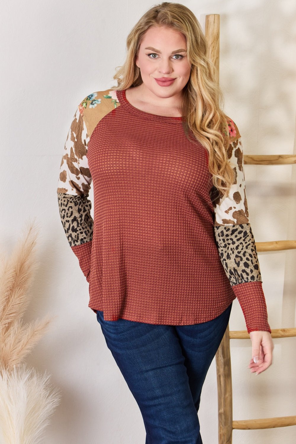 Hailey & Co Full Size Leopard Waffle - Knit Blouse - Top - RUST - Bella Bourget