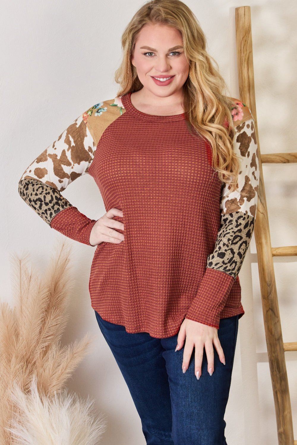 Hailey & Co Full Size Leopard Waffle - Knit Blouse - Top - RUST - Bella Bourget