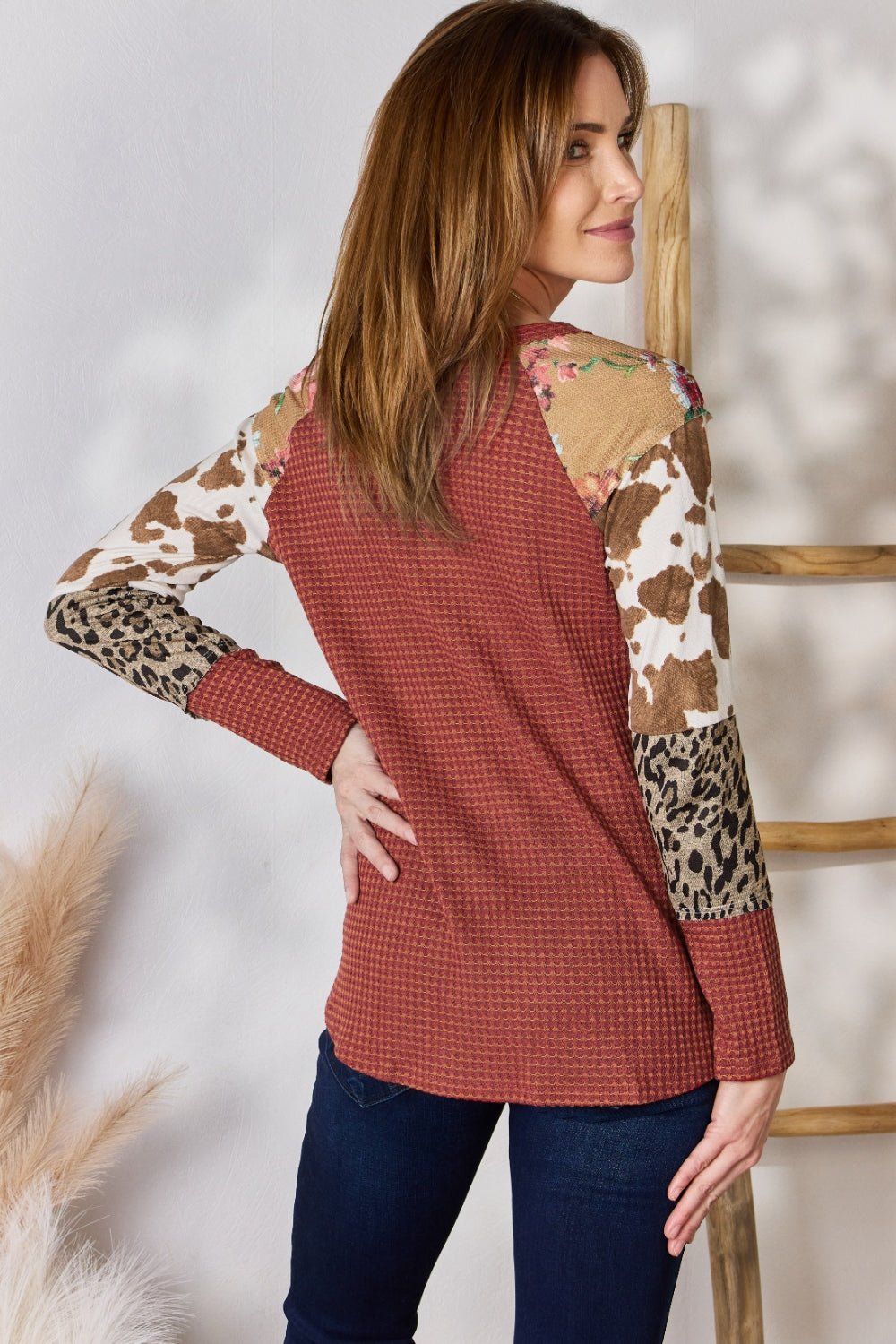 Hailey & Co Full Size Leopard Waffle - Knit Blouse - Top - RUST - Bella Bourget