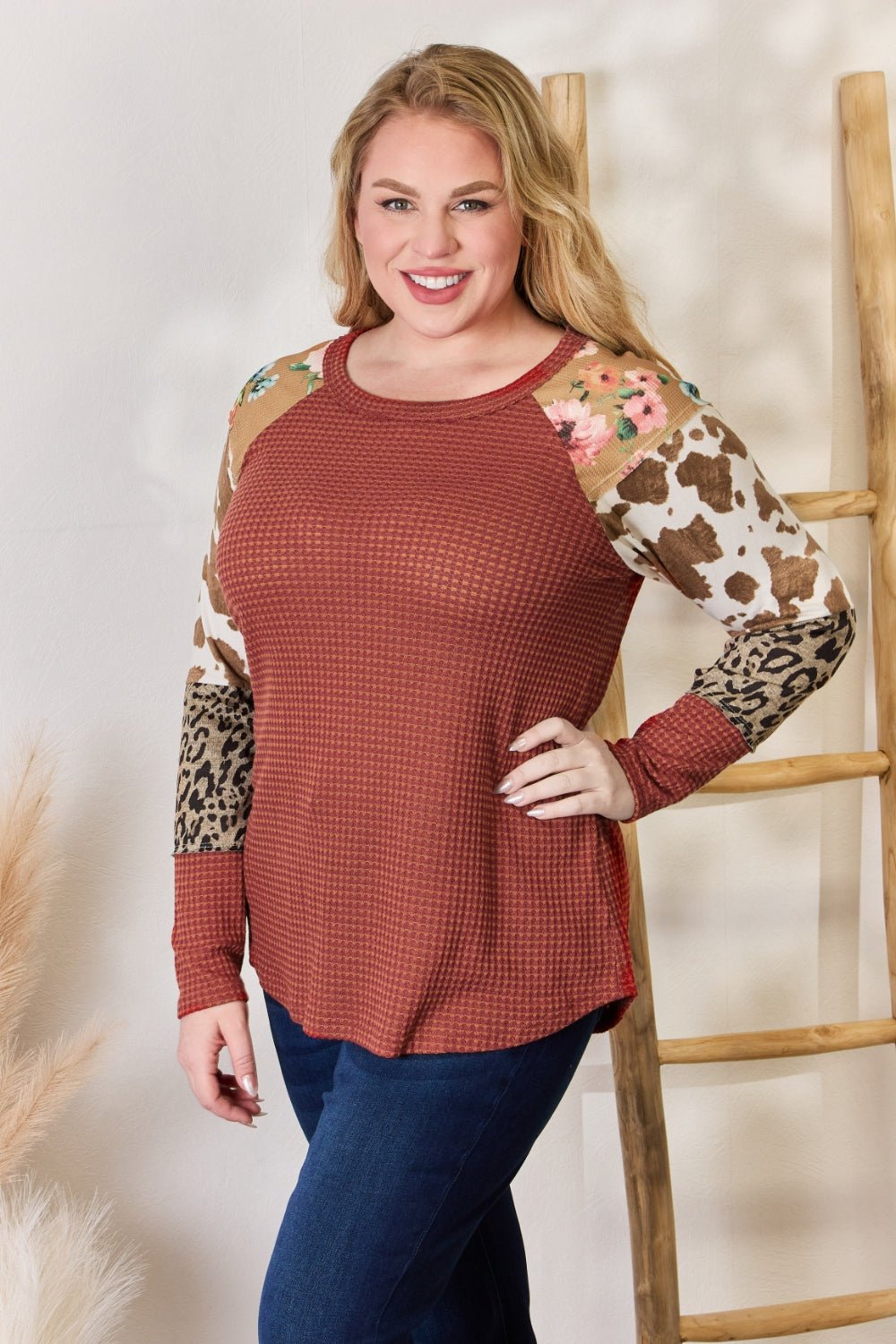 Hailey & Co Full Size Leopard Waffle - Knit Blouse - Top - RUST - Bella Bourget