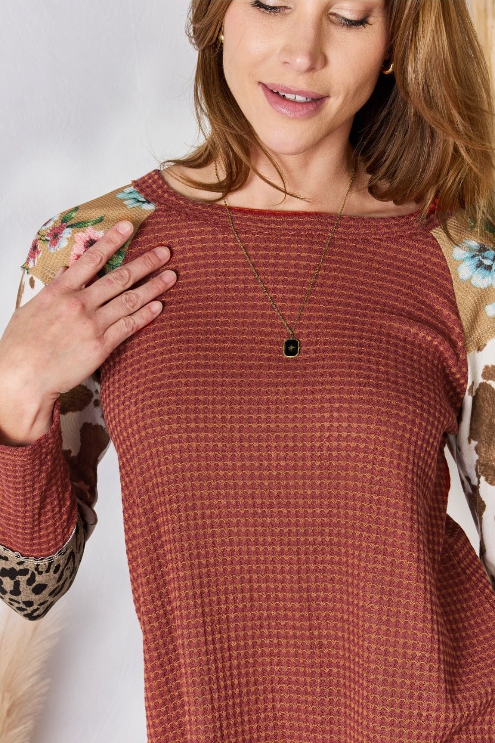 Hailey & Co Full Size Leopard Waffle - Knit Blouse - Top - RUST - Bella Bourget