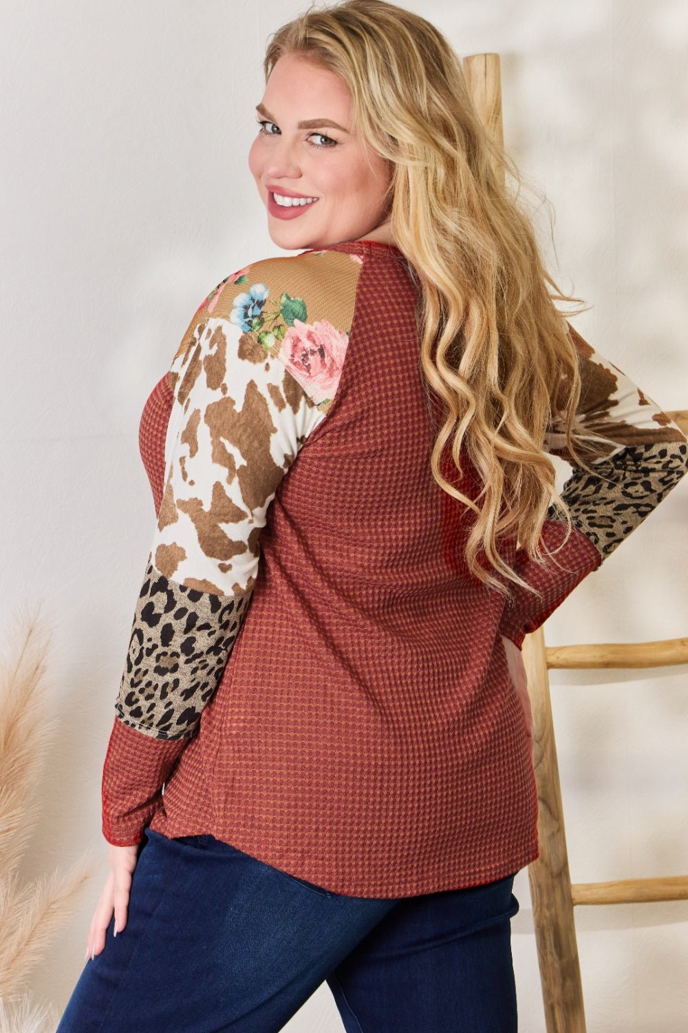 Hailey & Co Full Size Leopard Waffle - Knit Blouse - Top - RUST - Bella Bourget