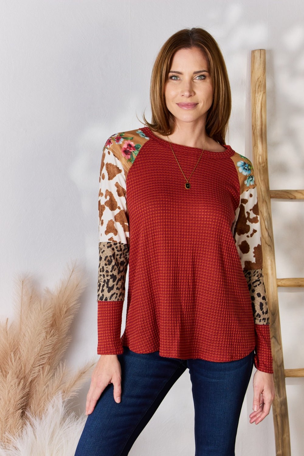 Hailey & Co Full Size Leopard Waffle - Knit Blouse - Top - RUST - Bella Bourget