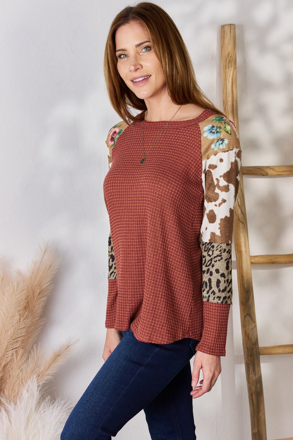 Hailey & Co Full Size Leopard Waffle - Knit Blouse - Top - RUST - Bella Bourget