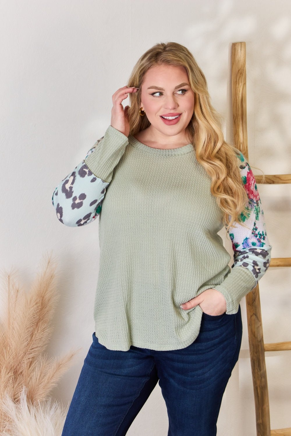 Hailey & Co Full Size Printed Round Neck Blouse - Top - SAGE - Bella Bourget