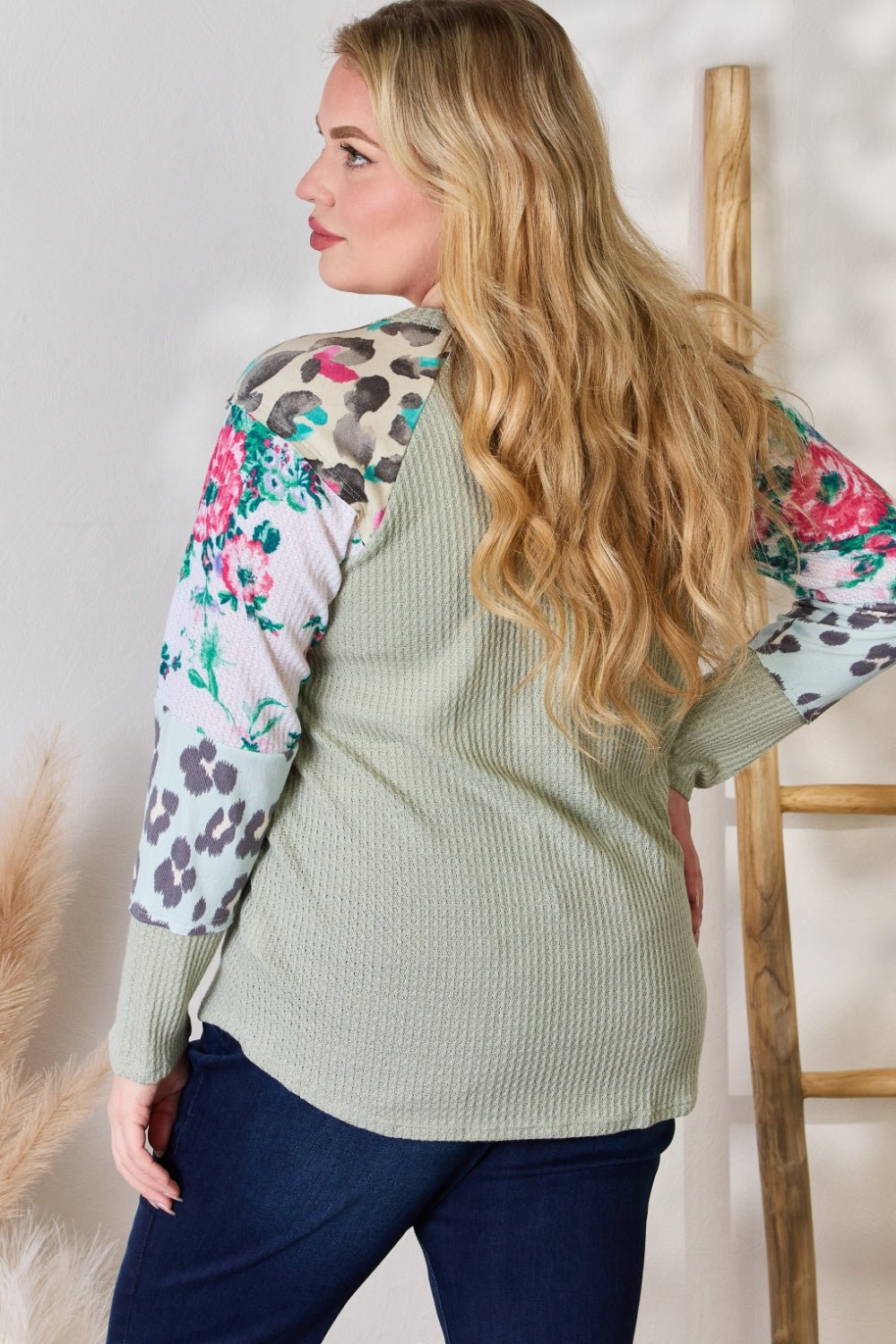 Hailey & Co Full Size Printed Round Neck Blouse - Top - SAGE - Bella Bourget