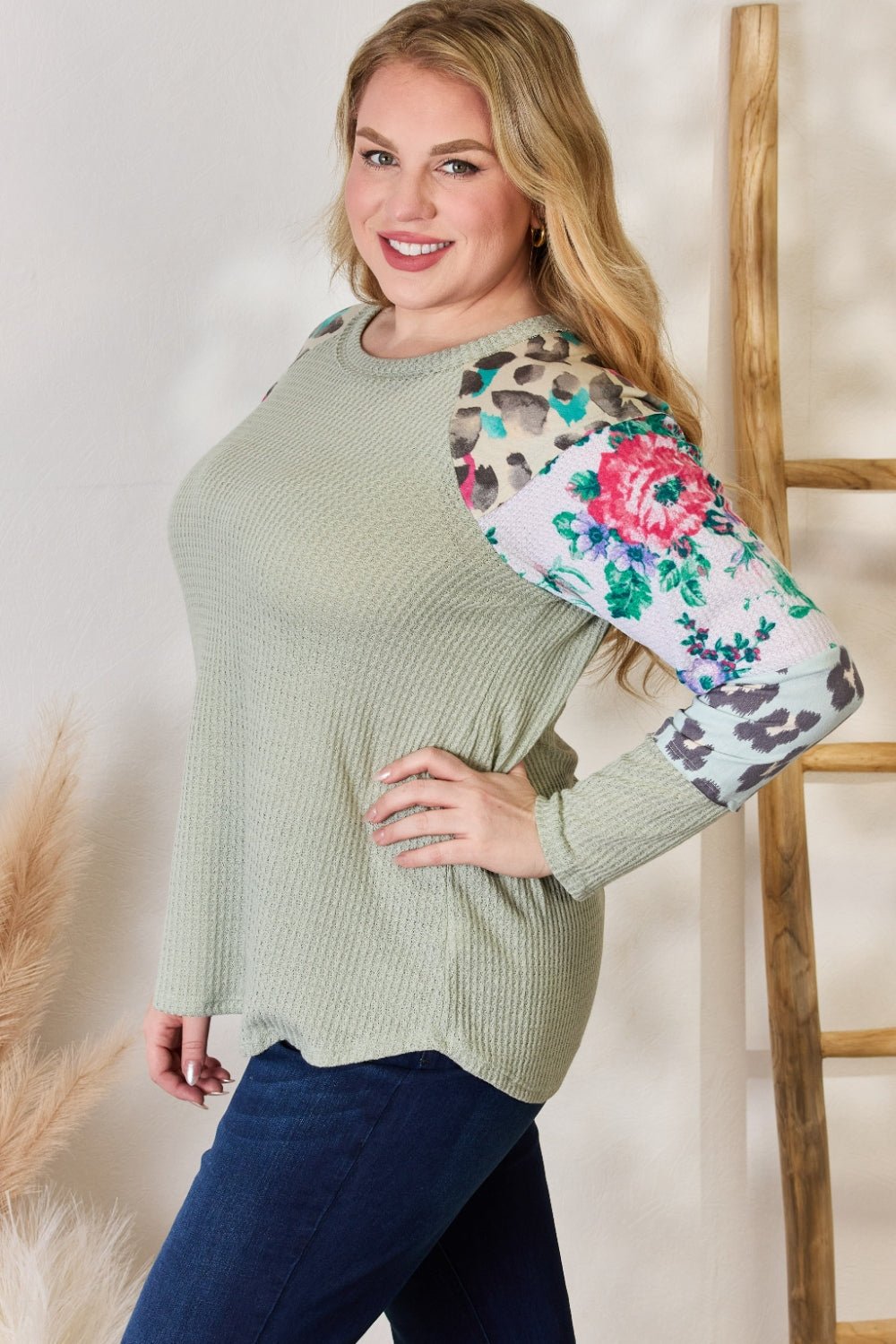 Hailey & Co Full Size Printed Round Neck Blouse - Top - SAGE - Bella Bourget