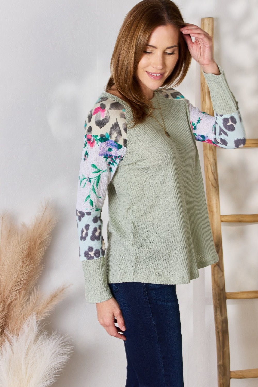 Hailey & Co Full Size Printed Round Neck Blouse - Top - SAGE - Bella Bourget