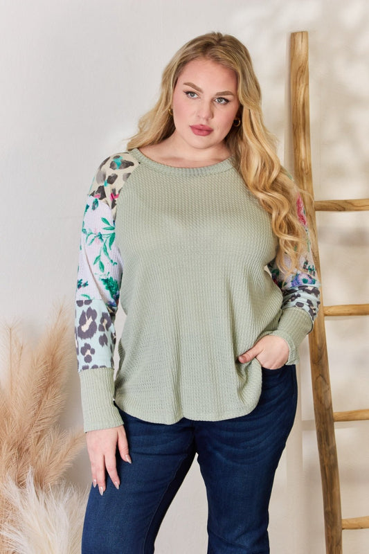 Hailey & Co Full Size Printed Round Neck Blouse - Top - SAGE - Bella Bourget