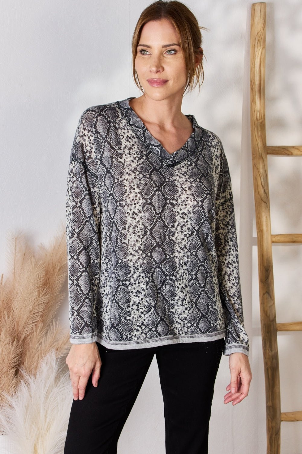 Hailey & Co Full Size Snakeskin V - Neck Long Sleeve Top - Top - GREY - Bella Bourget