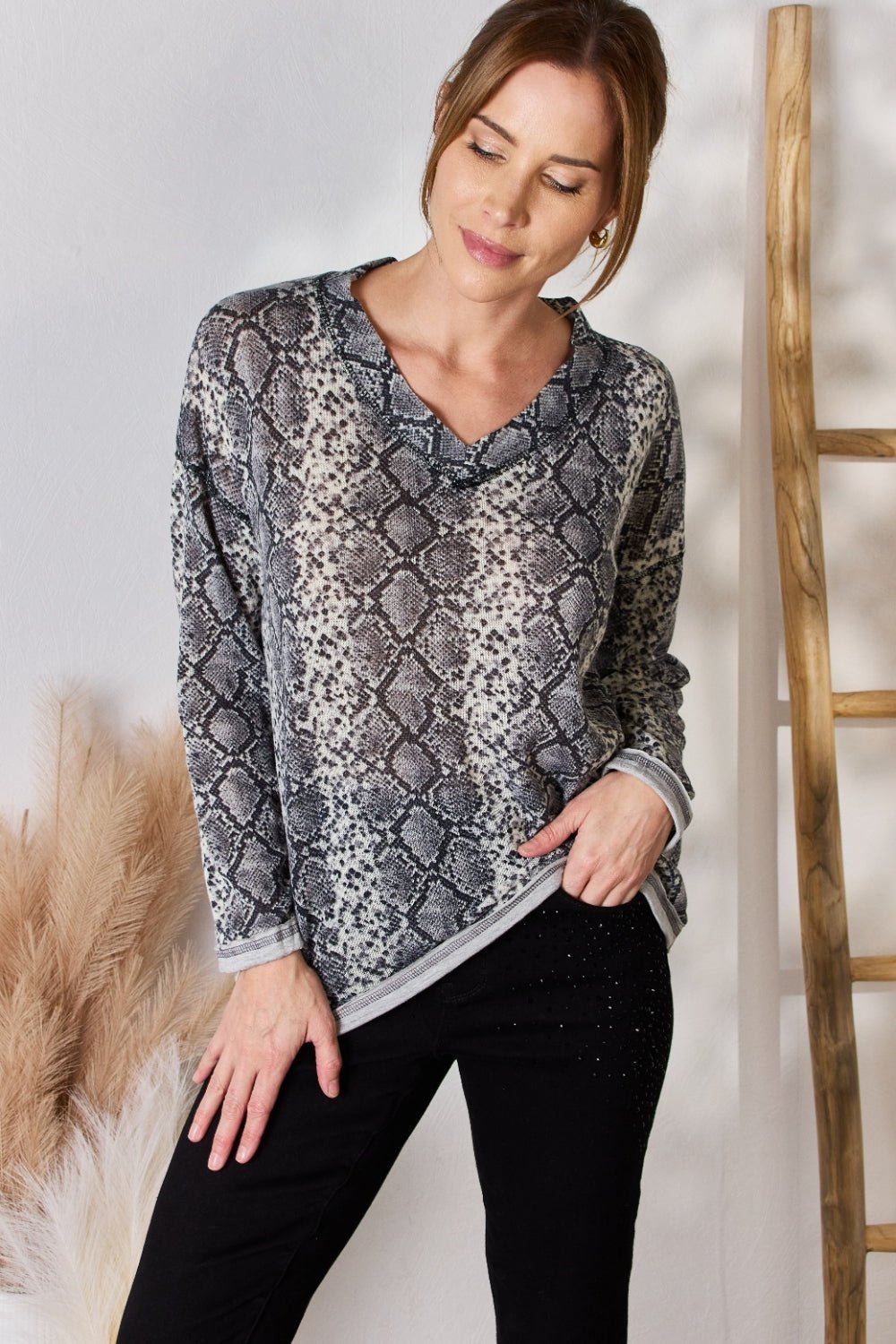 Hailey & Co Full Size Snakeskin V - Neck Long Sleeve Top - Top - GREY - Bella Bourget