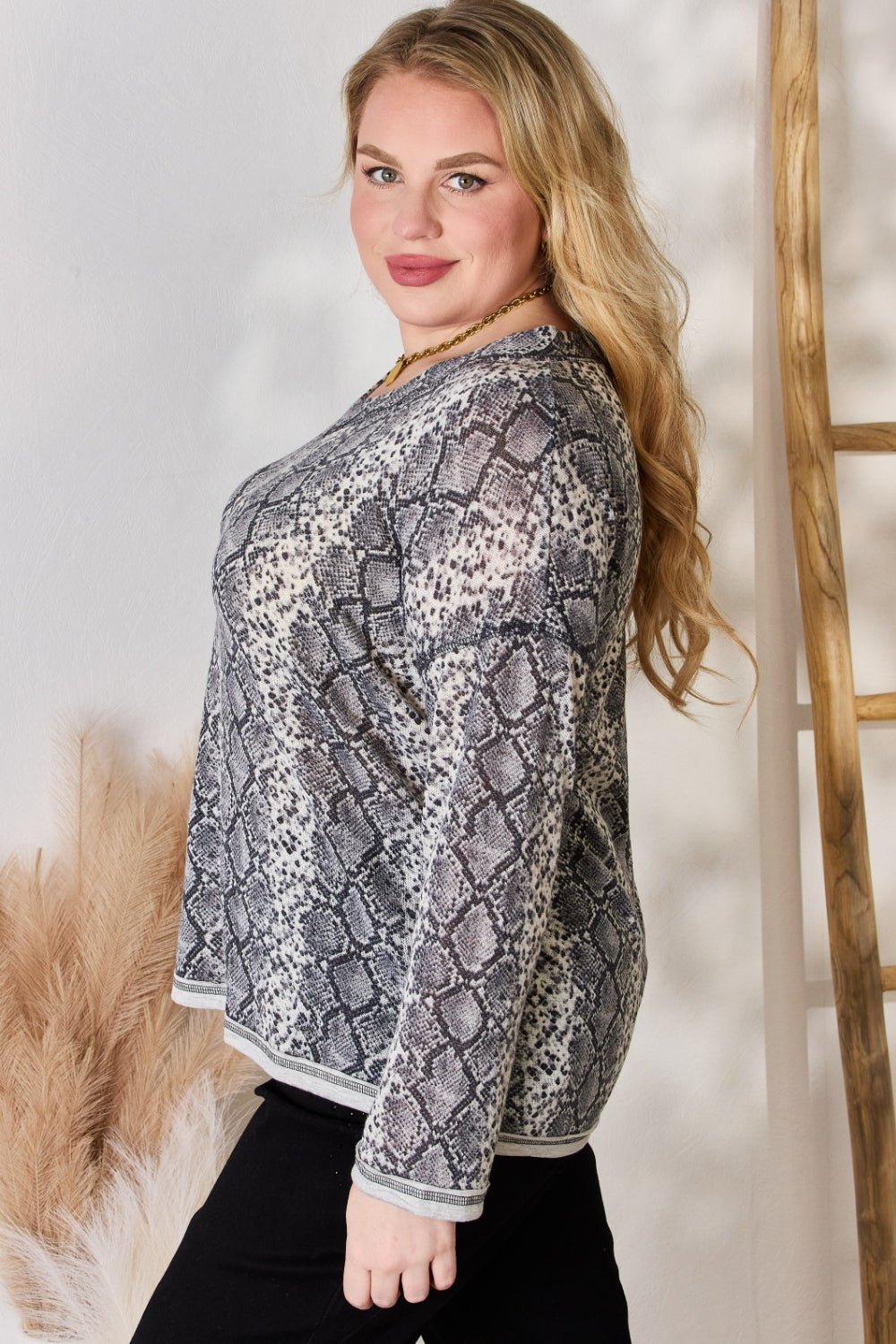 Hailey & Co Full Size Snakeskin V - Neck Long Sleeve Top - Top - GREY - Bella Bourget