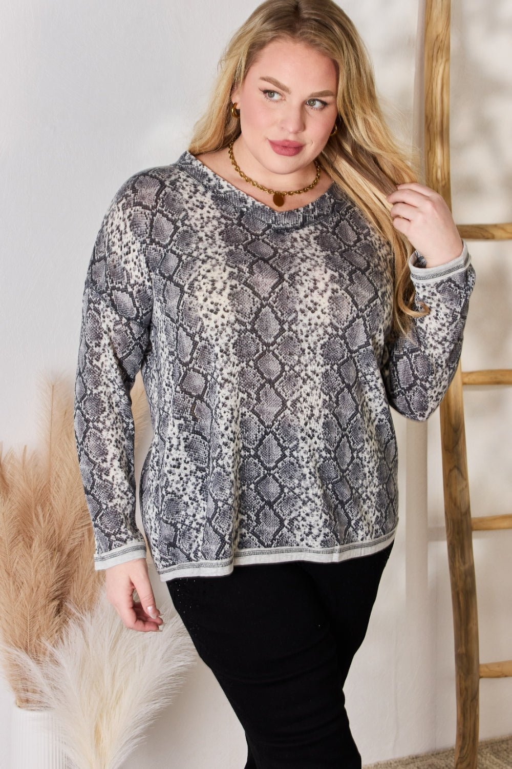 Hailey & Co Full Size Snakeskin V - Neck Long Sleeve Top - Top - GREY - Bella Bourget