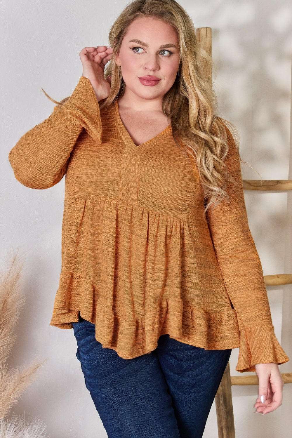 Hailey & Co Full Size V - Neck Flounce Sleeve Blouse - Top - RUST - Bella Bourget