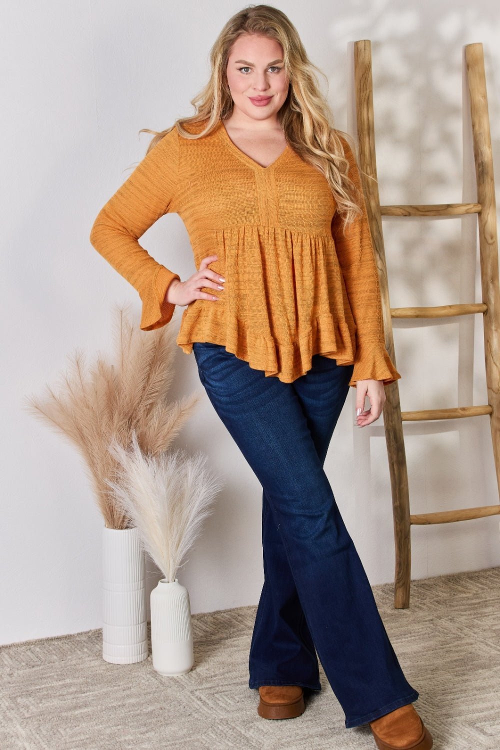 Hailey & Co Full Size V - Neck Flounce Sleeve Blouse - Top - RUST - Bella Bourget