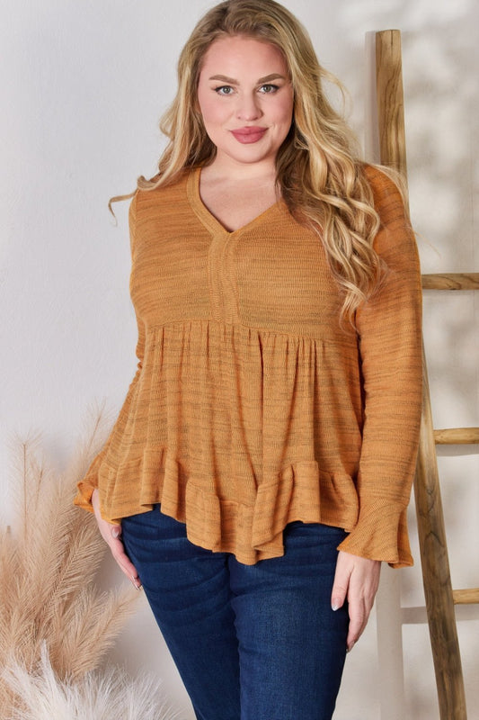 Hailey & Co Full Size V - Neck Flounce Sleeve Blouse - Top - RUST - Bella Bourget