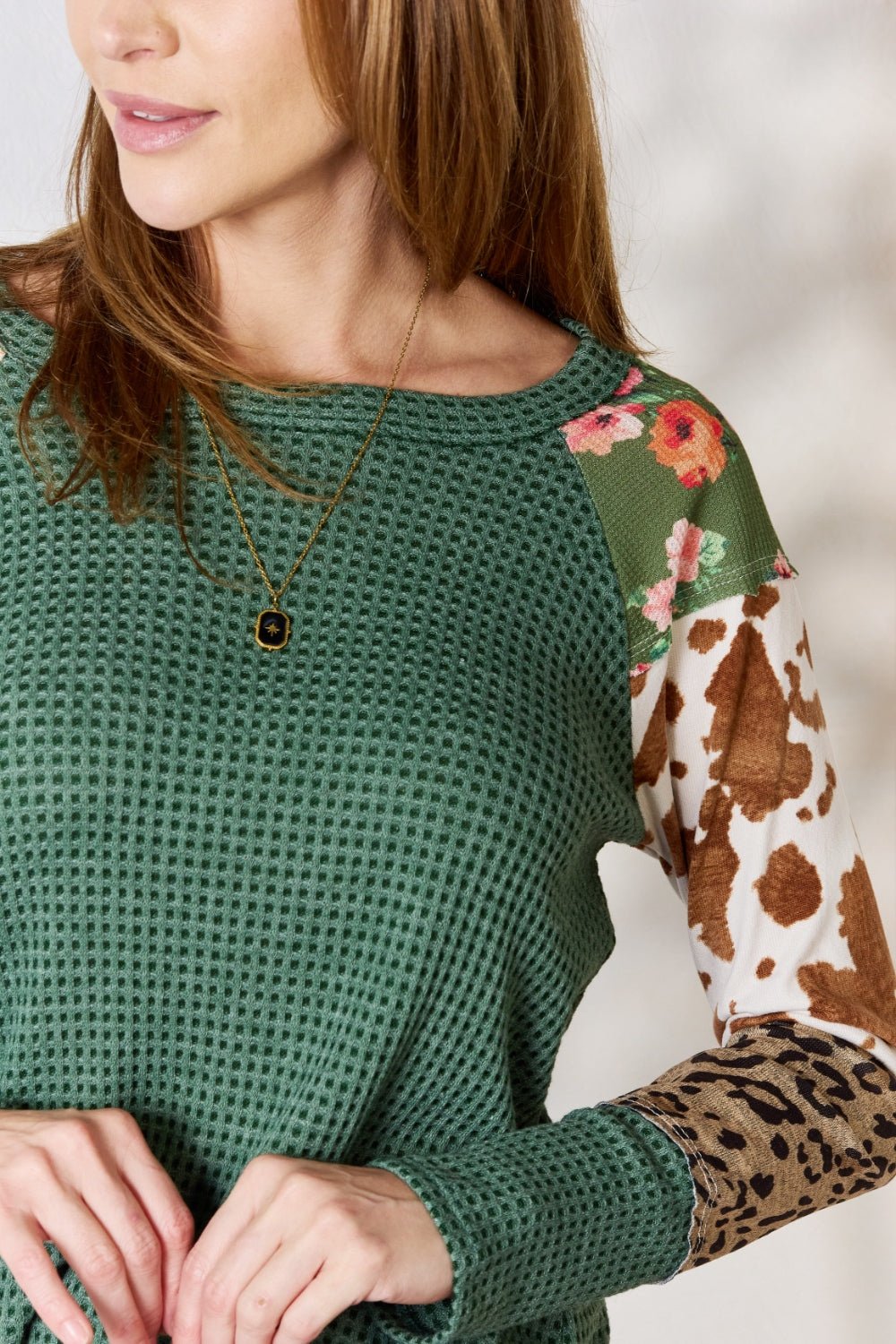 Hailey & Co Full Size Waffle - Knit Leopard Blouse - Top - HUNTER GREEN - Bella Bourget