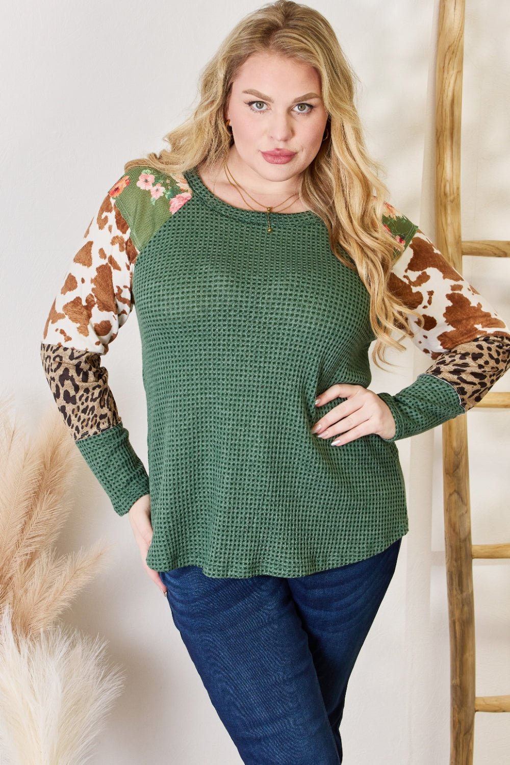 Hailey & Co Full Size Waffle - Knit Leopard Blouse - Top - HUNTER GREEN - Bella Bourget