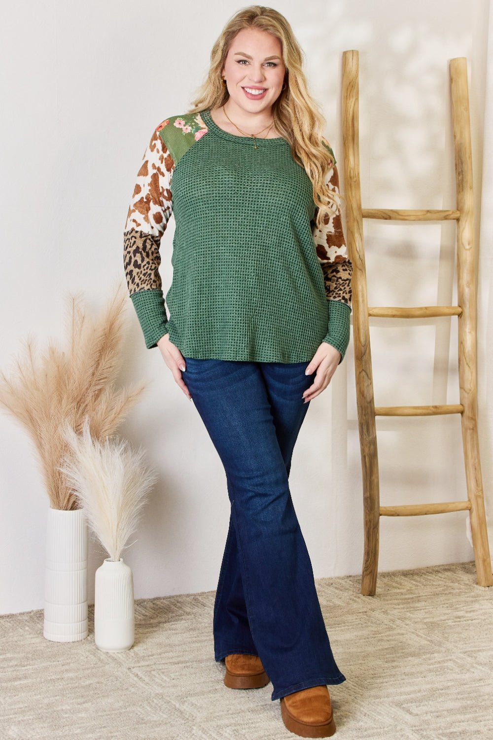 Hailey & Co Full Size Waffle - Knit Leopard Blouse - Top - HUNTER GREEN - Bella Bourget