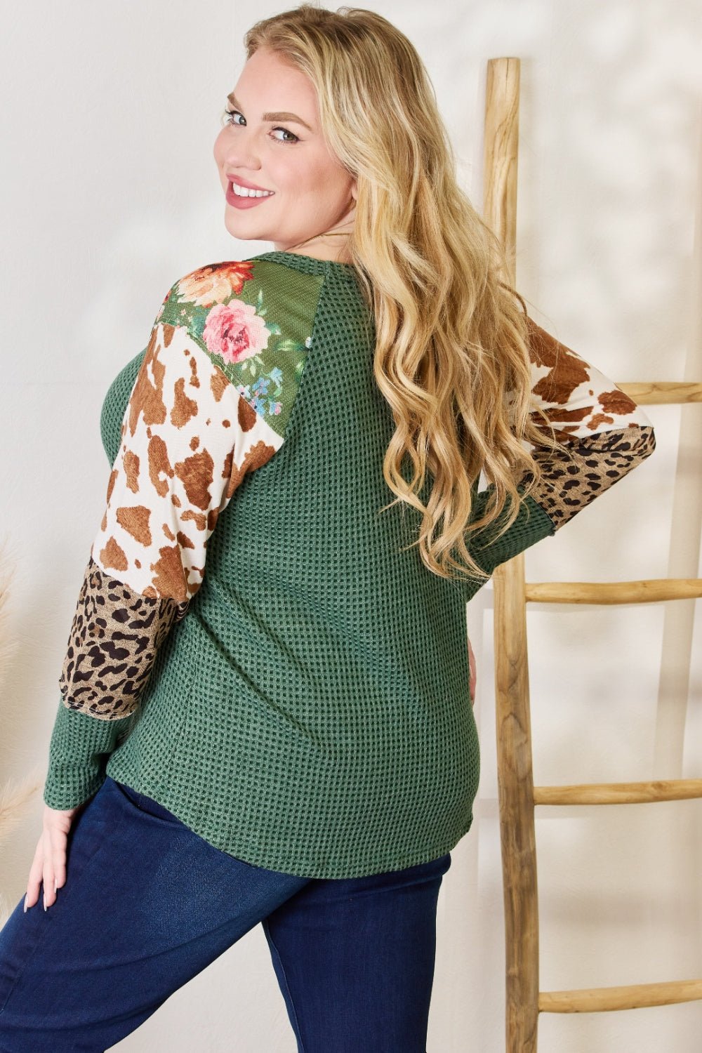 Hailey & Co Full Size Waffle - Knit Leopard Blouse - Top - HUNTER GREEN - Bella Bourget