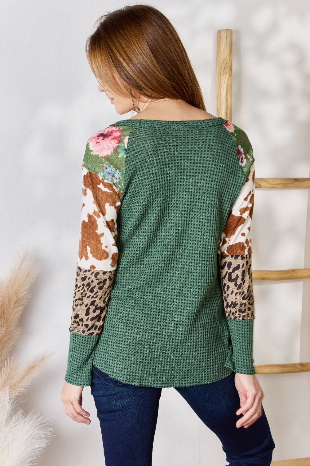 Hailey & Co Full Size Waffle - Knit Leopard Blouse - Top - HUNTER GREEN - Bella Bourget