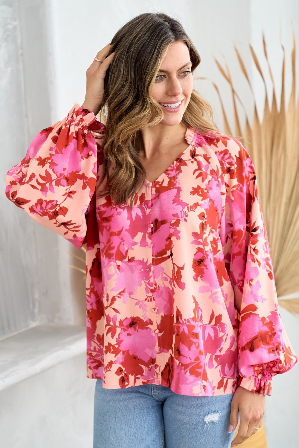 Hailey & Co Ruffle V - Neck Decor Button Floral Blouse - Blouse - Pink - Bella Bourget