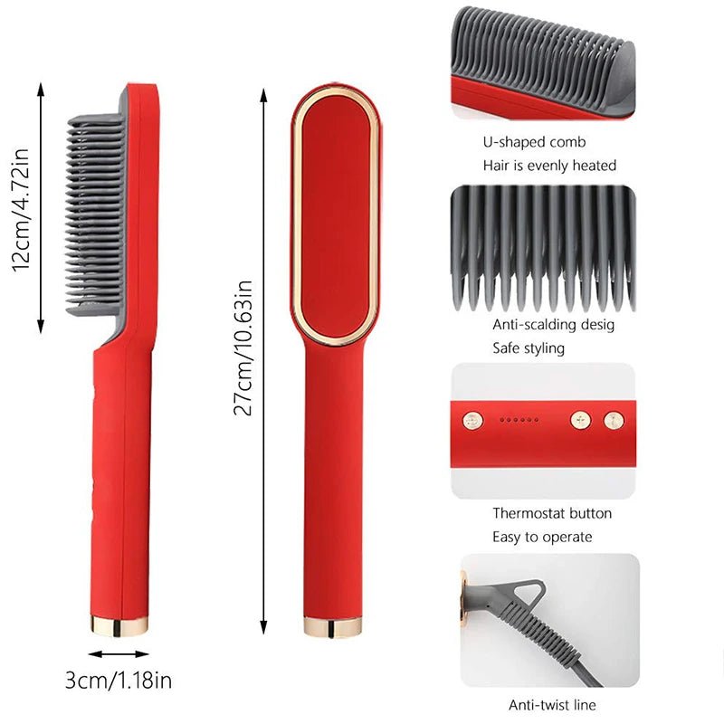 Hair Straightener Hot Comb Curling Iron Multi - Speed Electric Straightening Comb Curling Iron Hair Brush 2023 Hot Sale - Red - Bella Bourget