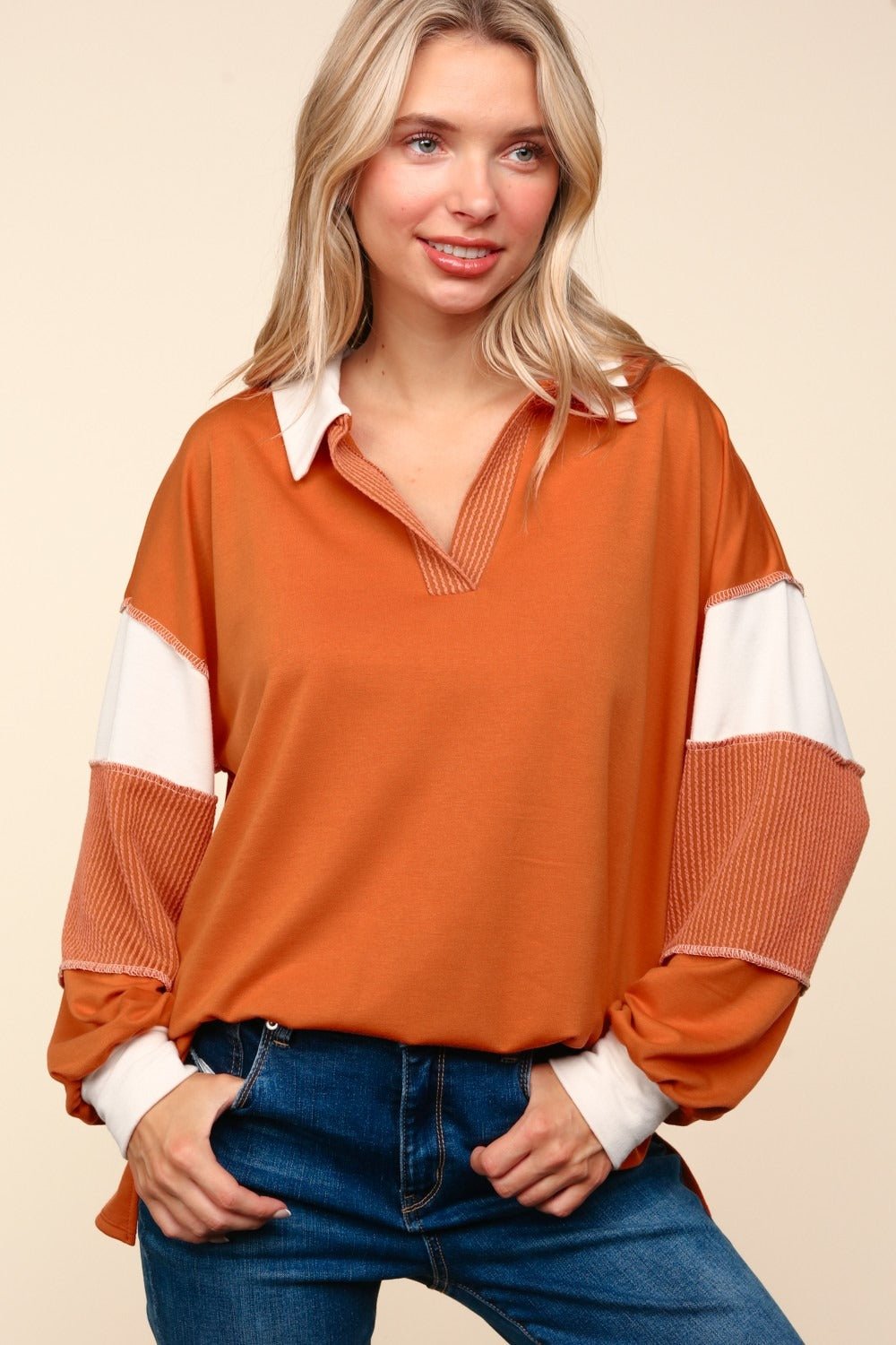 Haptics Color Block Exposed Seam Long Sleeve Top - Top - Rust - Bella Bourget