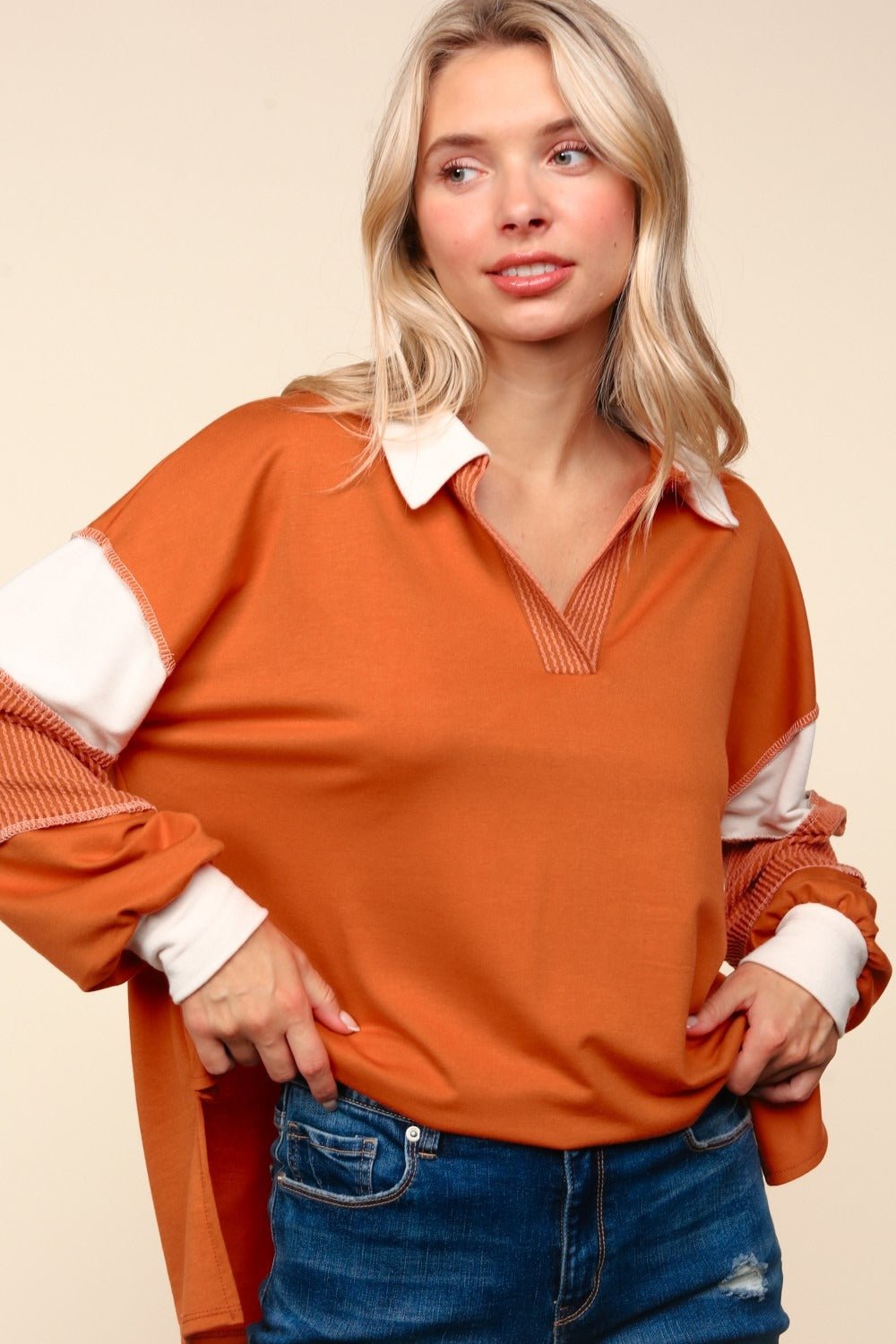 Haptics Color Block Exposed Seam Long Sleeve Top - Top - Rust - Bella Bourget