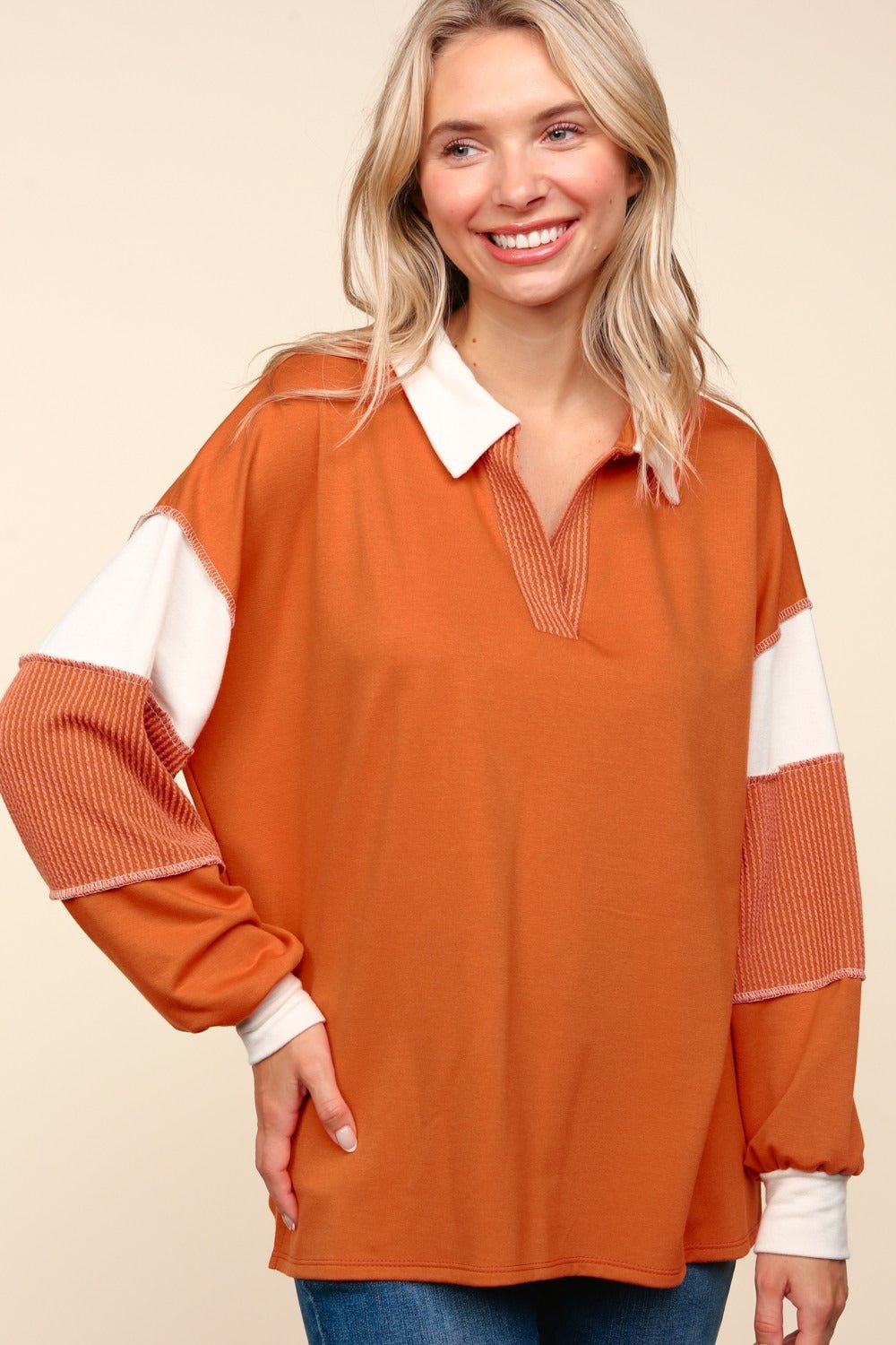 Haptics Color Block Exposed Seam Long Sleeve Top - Top - Rust - Bella Bourget