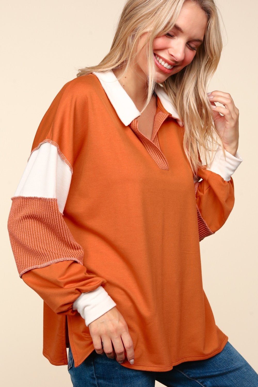 Haptics Color Block Exposed Seam Long Sleeve Top - Top - Rust - Bella Bourget