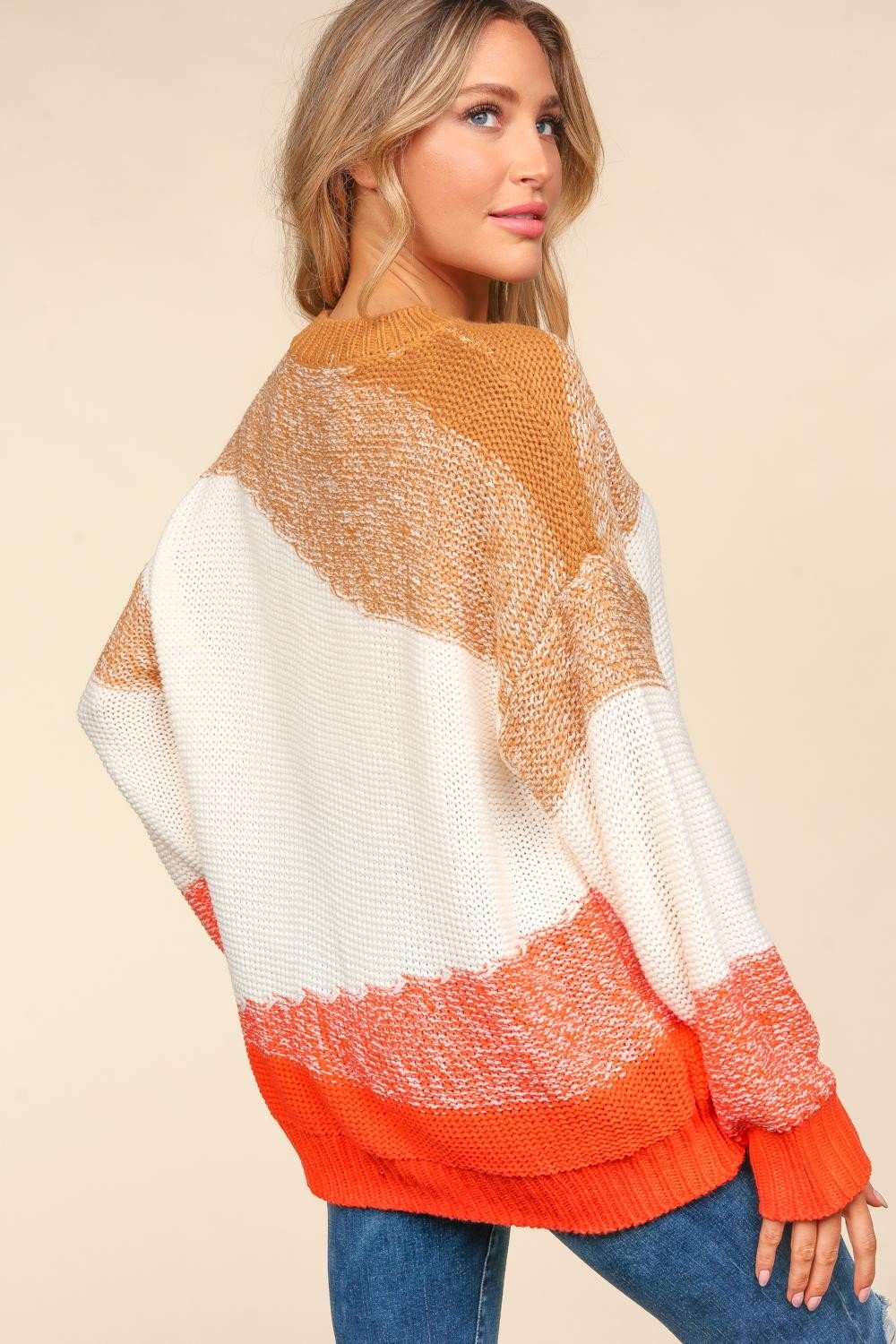 Haptics Color Block Long Sleeve Sweater - Sweater - Camel/Ivory/Orange - Bella Bourget