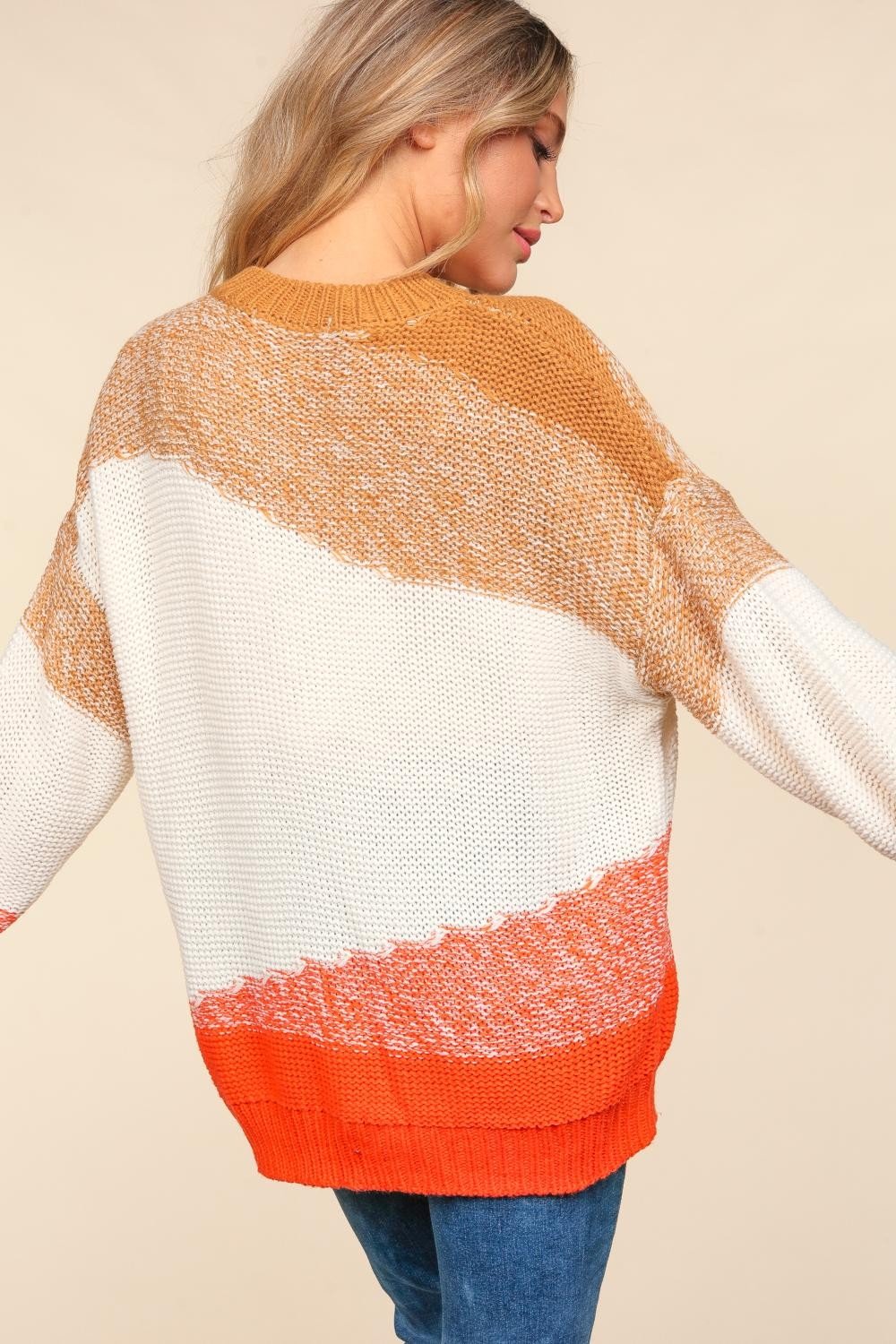 Haptics Color Block Long Sleeve Sweater - Sweater - Camel/Ivory/Orange - Bella Bourget