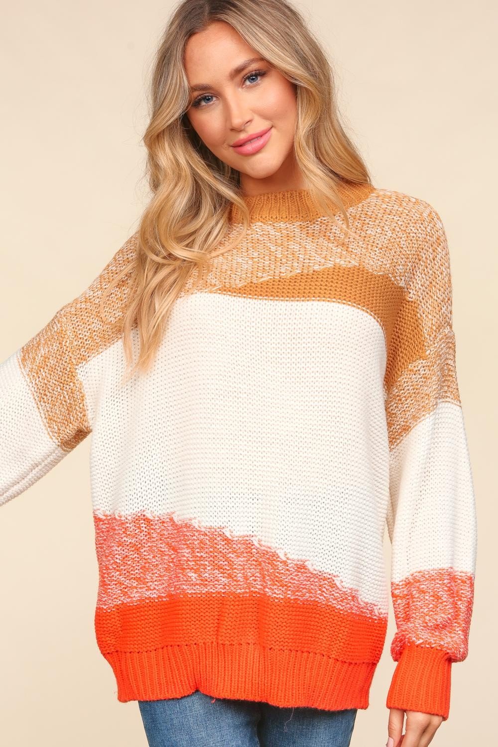 Haptics Color Block Long Sleeve Sweater - Sweater - Camel/Ivory/Orange - Bella Bourget