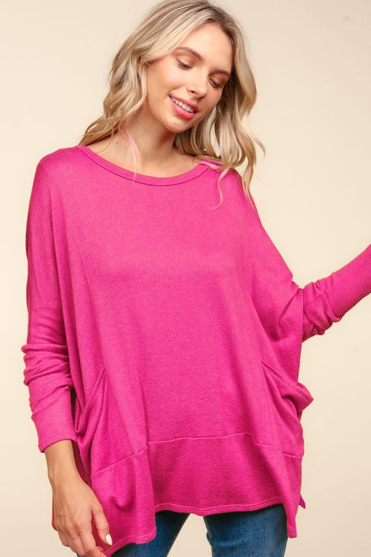 Haptics Dolman Long Sleeve Oversized Knit Top with Pockets - Top - Fuchsia - Bella Bourget