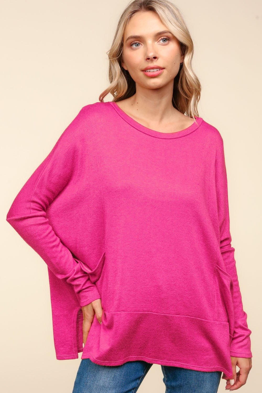 Haptics Dolman Long Sleeve Oversized Knit Top with Pockets - Top - Fuchsia - Bella Bourget