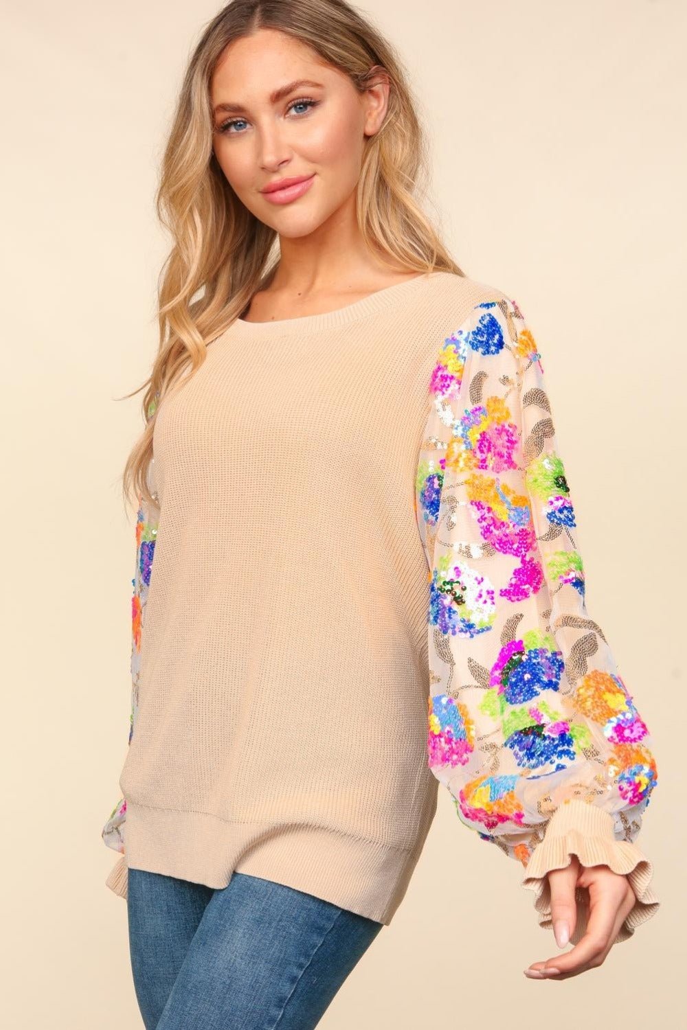 Haptics Floral Sequins Mesh Flounce Sleeve Sweater - Blouse - Tan Multi - Bella Bourget