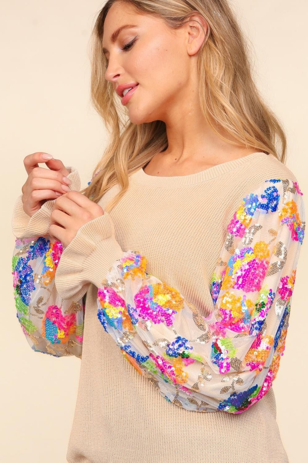 Haptics Floral Sequins Mesh Flounce Sleeve Sweater - Blouse - Tan Multi - Bella Bourget