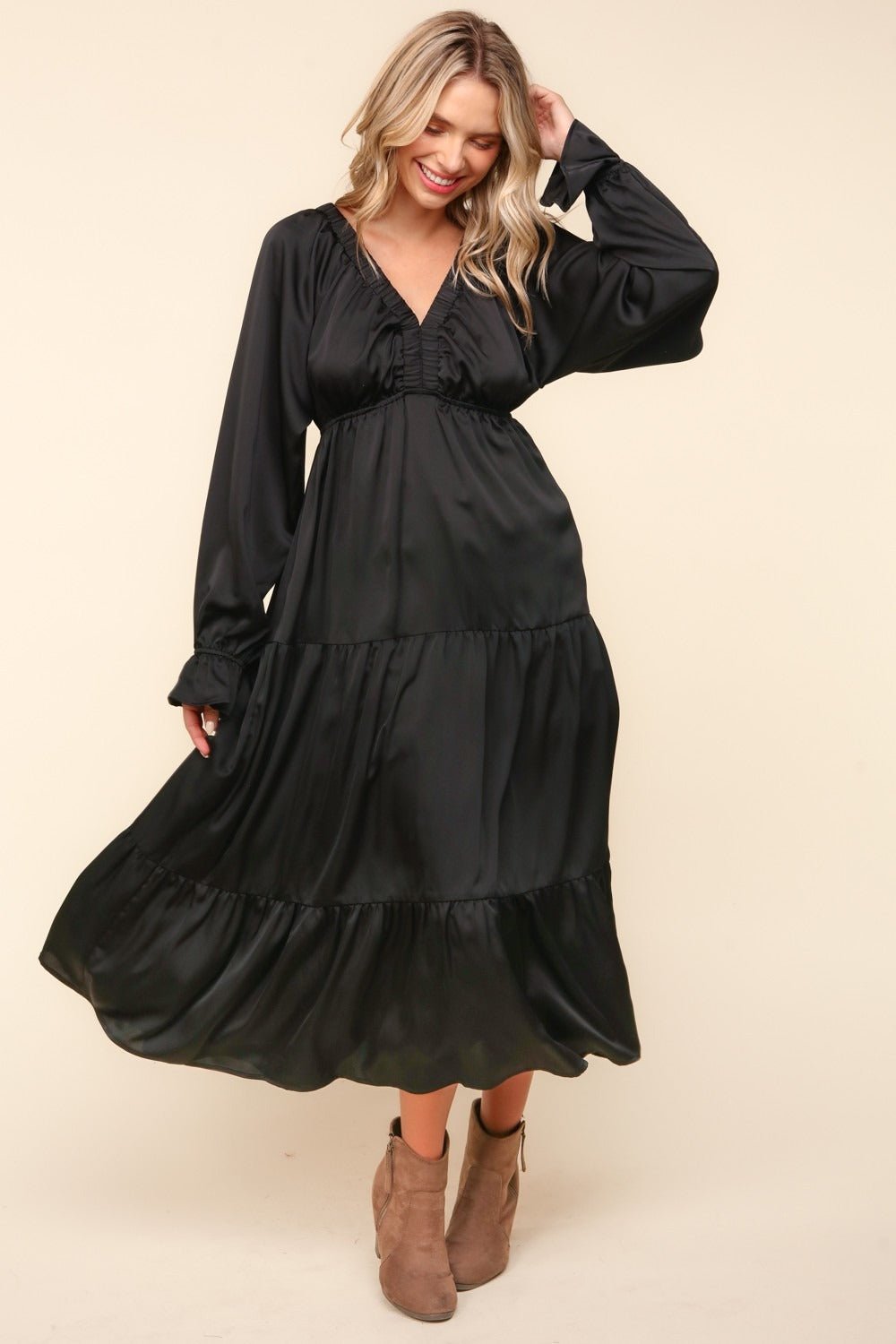 Haptics Flounce Sleeve Tiered Midi Dress with Pockets - dress - Black - Bella Bourget