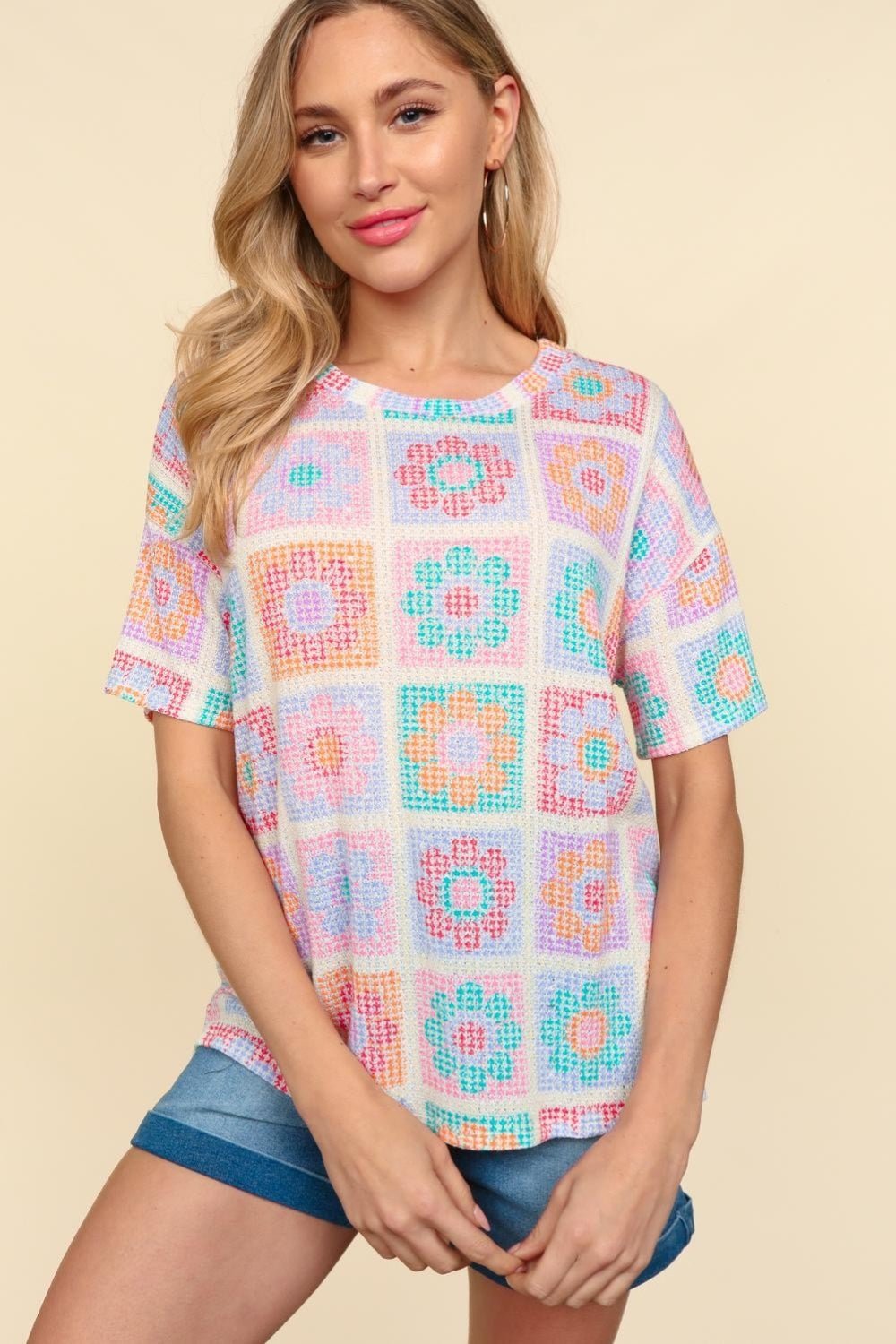 Haptics Flower Print Round Neck Short Sleeve T - Shirt - Top - Oatmeal/Teal/Orange - Bella Bourget